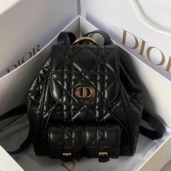 DIOR Caro Adjustable Strap Flap Backpack Women's Black - Picture 1 of 6